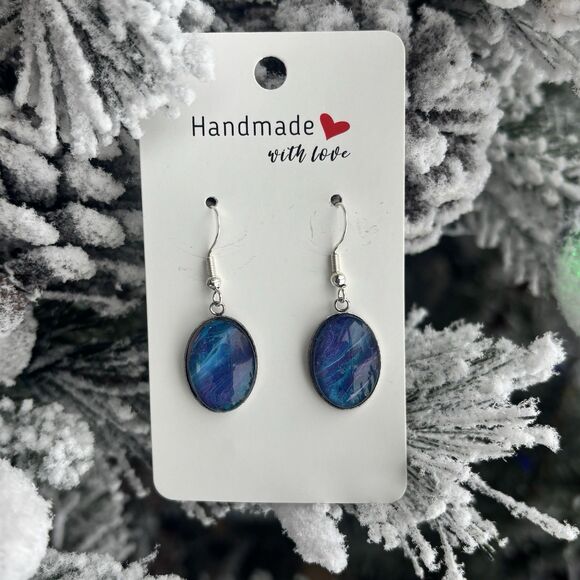 Handmade Poured Paint Oval Earrings Blue Purple Swirl Stainless Steel Artisan - Picture 3 of 4